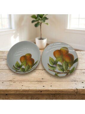 Arlington Designs Ceramic 2-Piece Plate Bowl Set Pear Fruit Motif Brown Rim Gift